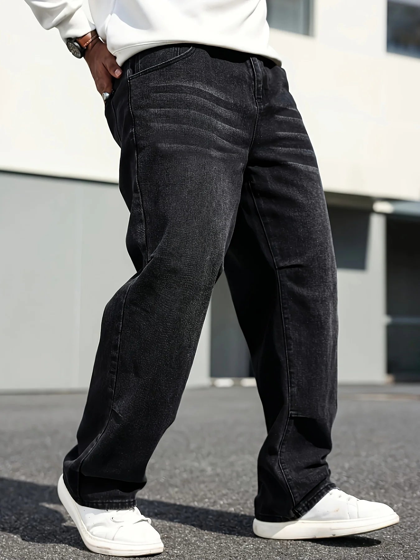 Threebooy  Men's Classic Straight-Leg Jeans - Cotton Blend, Dark Blue Denim, Non-Stretch, All-Season Wear, Comfort Fit with Slant Pockets