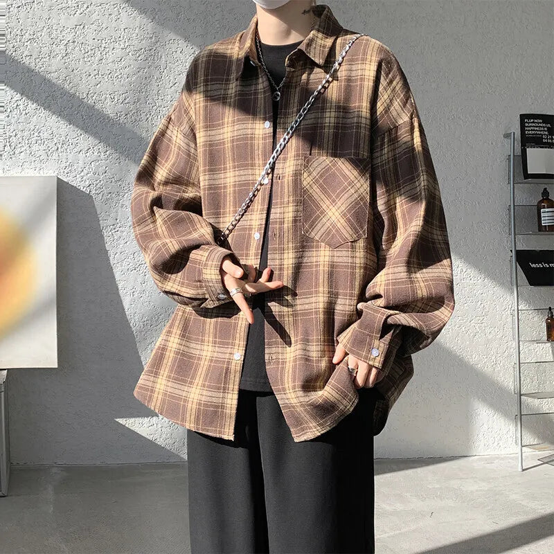 Threebooy Spring Long Sleeved Shirt Men Fashion Retro Plaid Shirt Men Streetwear Loose Casual Shirt Mens Vintage Shirts Plus Size 5XL