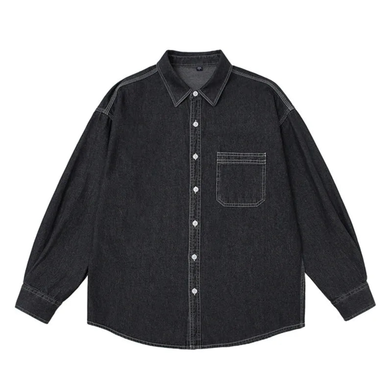 Threebooy  Mens Button Down Denim Shirt Long Sleeve Lapel Jean Shirt Casual Slim Fit Washed Denim Shirts with Chest Pockets
