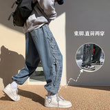 Threebooy Men's High Street Denim Casual Pants Loose Side Splicing Printing Rope Trousers Baggy Homme Cargo Pocket Jeans Size M-3XL