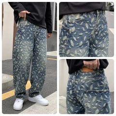 Threebooy High Quality Trendy New Leaves Jacquard Blue Baggy Jeans Men Loosen Fit Wide Leg Cargo Pants Male Street Bottoms