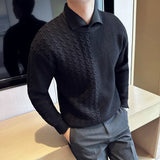 Threebooy Fake 2 Pieces Shirt Neck Knit Sweaters/Men Slim Fit Keep Warm in Winter Jacquard Pattern Pullover/Man High Quality Sweaters 3XL