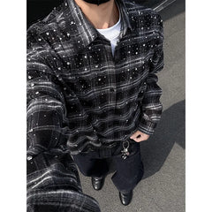 Threebooy  Shirt men fashion 2025 New long sleeve shirts grid loose  Stage performance costumes high quality Star shirt
