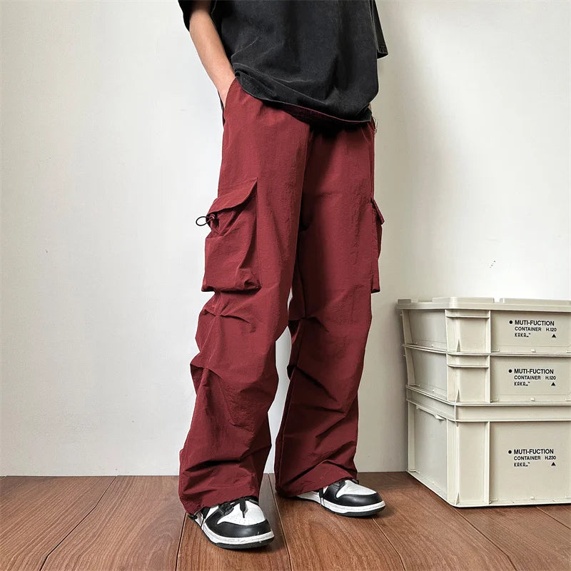 Threebooy  Summer Thin Pants Men Fashion Pocket Cargo Pants Men Japanese Streetwear Hip-hop Loose Straight Pants Mens Oversized Trousers