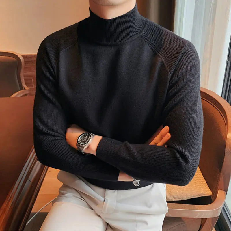 Threebooy  Smart Casual Autumn Winter Men Sweaters Pullovers Solid Mock Neck Fashion Luxury Thicken Slim Long Sleeve Elastic Knitted Tops