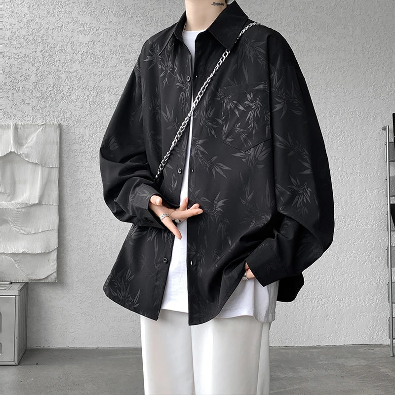 Threebooy Casual Shirt for Men Ice Silk Bamboo Leaf Long Sleeve Shirt Harajuku Top Quality Loose Drape Black White Japanese Streetwear