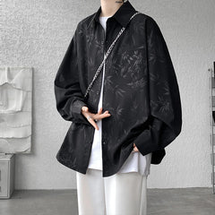 Threebooy Casual Shirt for Men Ice Silk Bamboo Leaf Long Sleeve Shirt Harajuku Top Quality Loose Drape Black White Japanese Streetwear