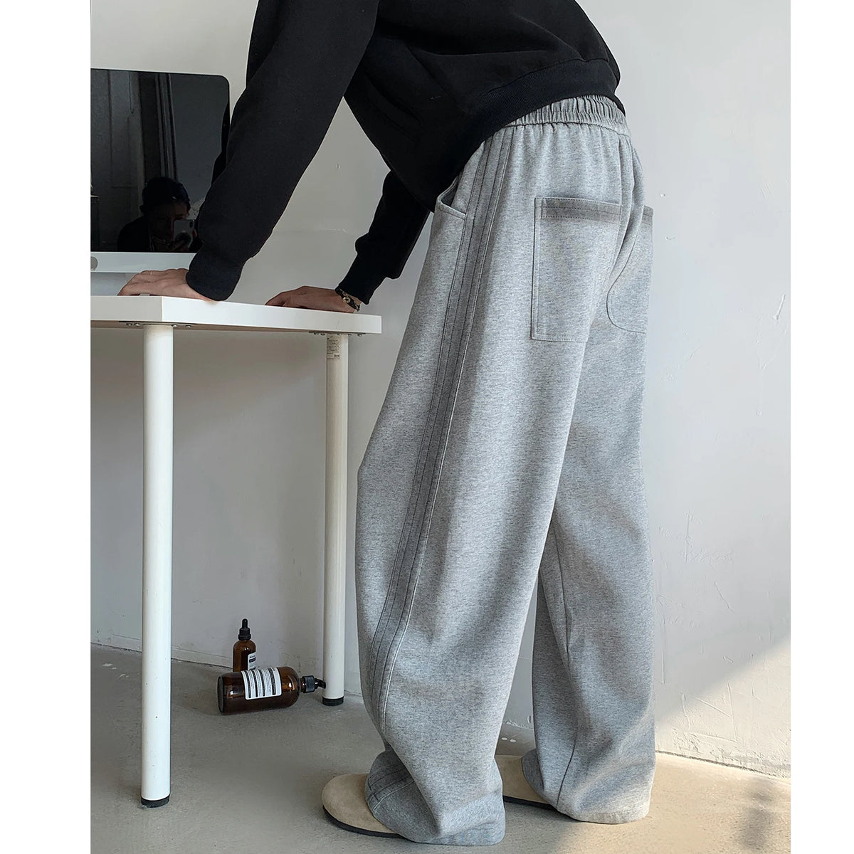 Threebooy  New Men's Tie-dye Fleece Casual Pants Side Striped Wide Leg Straight Sweatpants Neutral High-quality Long Baggy Trousers Sport