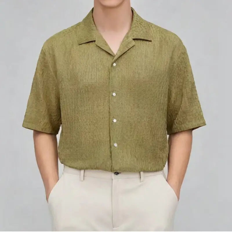 Threebooy Men Summer Short Sleeve Shirt Slim Fit Suit Collar Ice silk Fabric Trendy Casual Top New Lightweight Fashion Streetwear Style