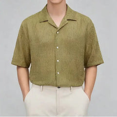 Threebooy Men Summer Short Sleeve Shirt Slim Fit Suit Collar Ice silk Fabric Trendy Casual Top New Lightweight Fashion Streetwear Style
