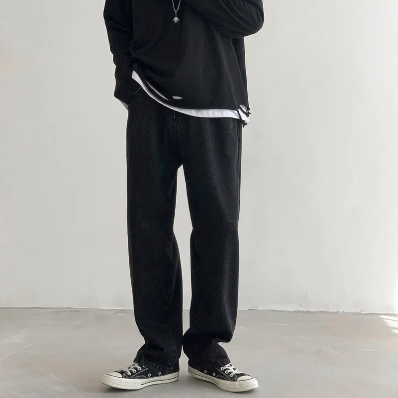 Threebooy Autumn Winter New Solid Color Fashion Jeanstrousers Man High Street Casual Zipper Pockets All-match Y2K Straight Pants