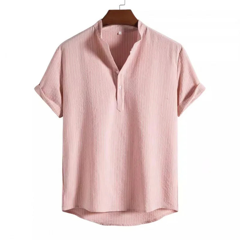 Threebooy Summer Men's Cotton Linen Stand Collar Short Sleeved Shirt