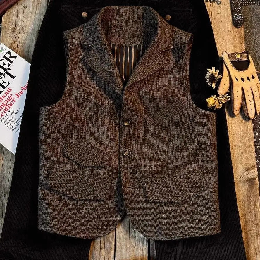 Threebooy Spring British Retro Wool Herringbone Vest French Fashion Elegant Style Tweed Vest Wool Khaki Suit Slim Vest Aesthetic Elegant