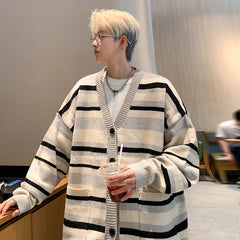 Threebooy Autumn Striped Cardigan Sweater Men Korean Knitted Sweater Pullover Harajuku Hip Hop Streetwear Loose Knitwear Coat Male Clothes