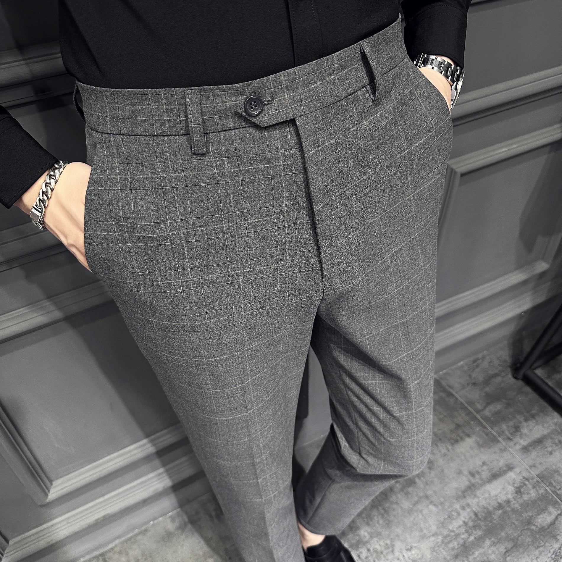 Threebooy Men Slim British Style Suits Pants Business Casual Trousers Male Solid Fit Trousers High Quality Man Formal Wear Plaid 36 38