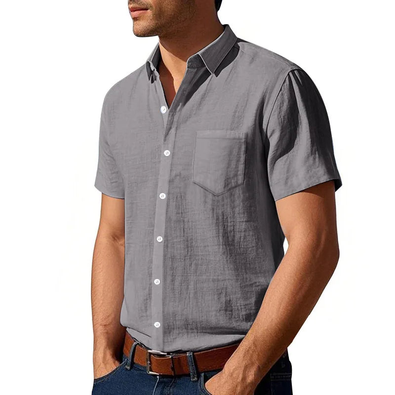 Threebooy Summer Solid Cotton Linen Lapel Short Sleeved Shirt For Men Casual Pocket American Style Shirts And Blouses