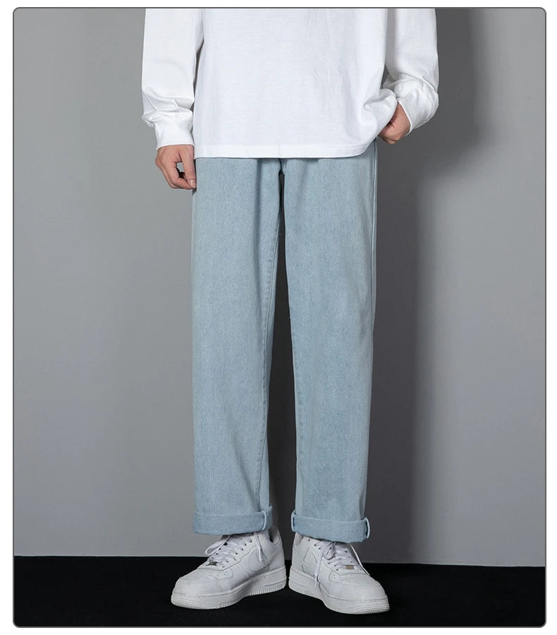 Threebooy 2025 New Korean Men's Casual Long Jeans Classic Man Straight Denim Wide-leg Pants Solid Color Light Blue Grey Black
