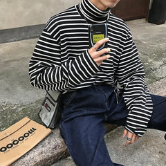 Threebooy High Necked T-shirt Men Slim Fit Fashion Black Casual T Shirt Men Streetwear Korean Long Sleeved T-shirt Mens Striped Tshirt