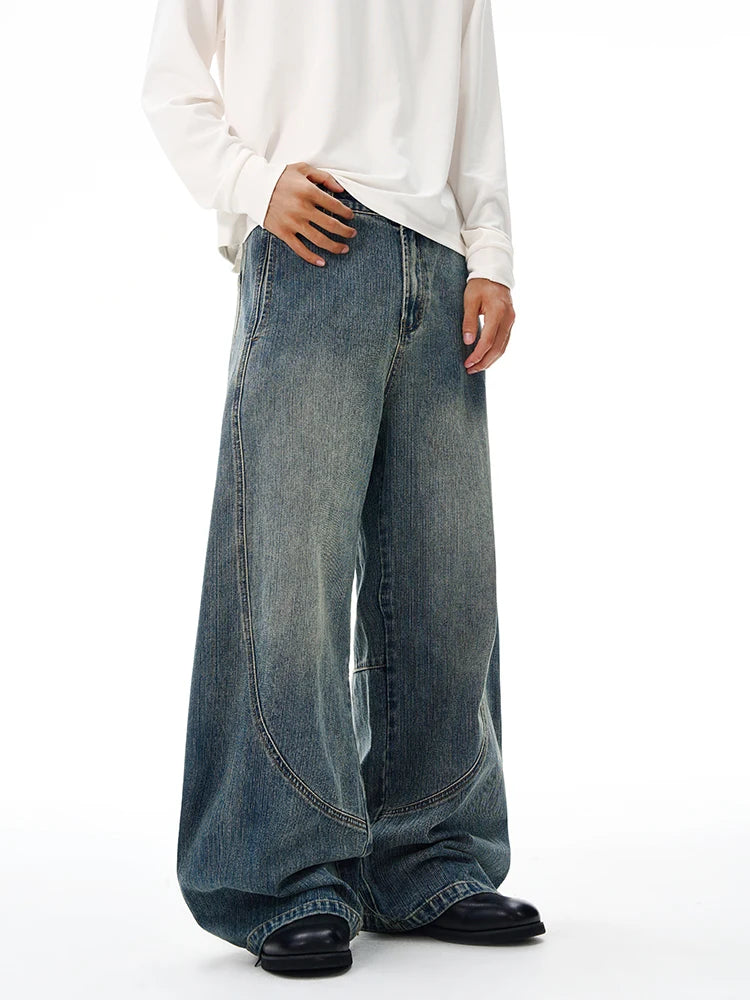 Threebooy Baggy Classic Jeans Men's Vintage Wash Cotton Wide-leg Denim Pants Loose Fashion Spliced Streetwear Trendy Hip-hop Y2K Trousers