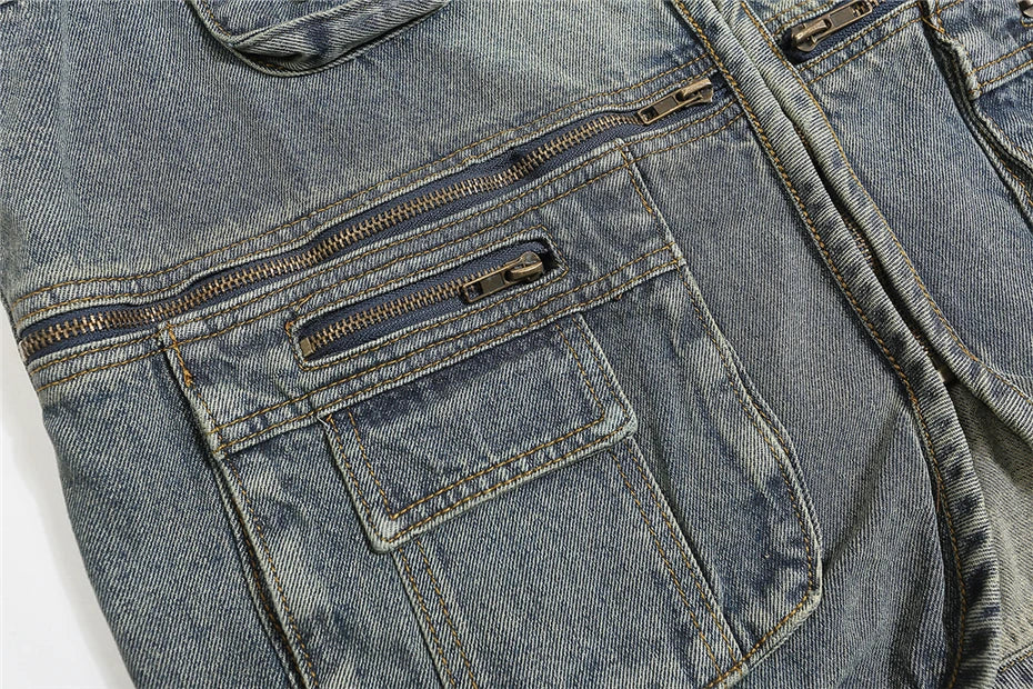 Threebooy Vintage Blue Denim Vest Jackets Men Streetwear Sleeveless Cargo Coats Harajuku Multiple Pockets Loose Casual Jeans Vests Male