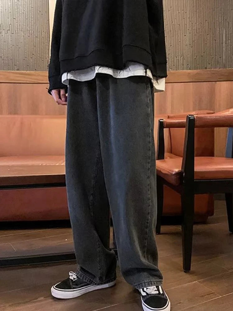 Threebooy Men Hip Hop Loose Straight Pants Early Spring Korean Fashion Casual Straight Oversize Wide-Leg Trousers Male Baggy Washed Pant