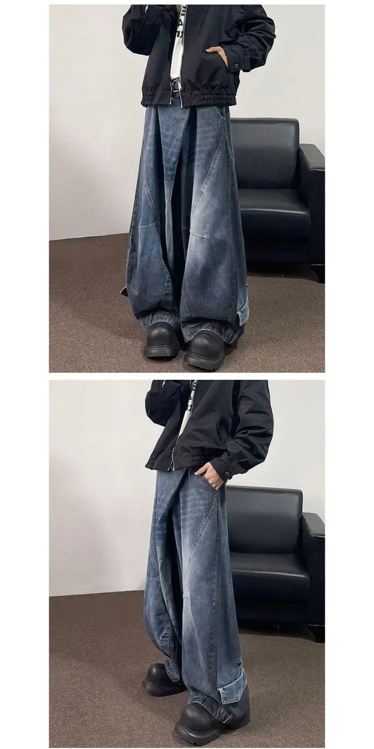Threebooy Hip hop high street men and women trendy hip-hop straight leg washed jeans for couples loose retro casual wide leg pants Y2K