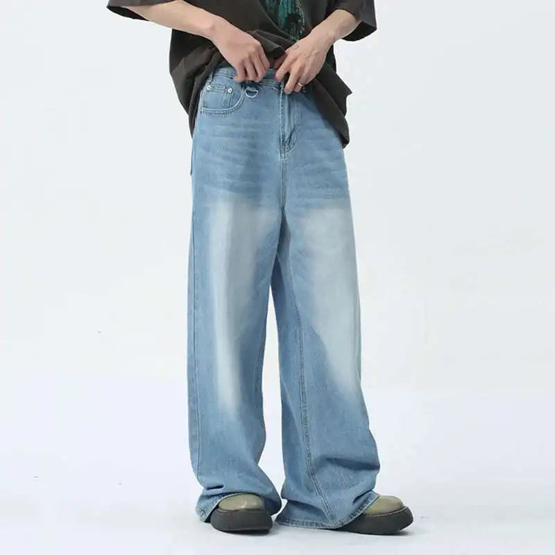 Threebooy  Vintage Camouflage Men's Jeans Fashion Washed Casual Wide Leg Denim Pants Autumn Winter Loose Male Trousers Old Blue