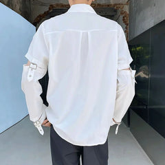 Threebooy Mens Y2k Spliced Casual Long-Sleeved Shirt 2024 New Genderless Functional Personality Solid Color Loose Hand Strap Top Unisex