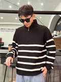 Threebooy New Winter Half-Zip Sweaters Men Korean Fashion Long Sleeve Striped Loose Pullovers Heavyweight Thick Warm Knit Tops Sweter