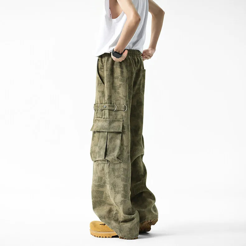 Threebooy Men Military Camo Workwear Cargo Pants Elastic Waistband Drawstring Tactical Joggers Loose Straight Leg Big Side Pockets Outdoor