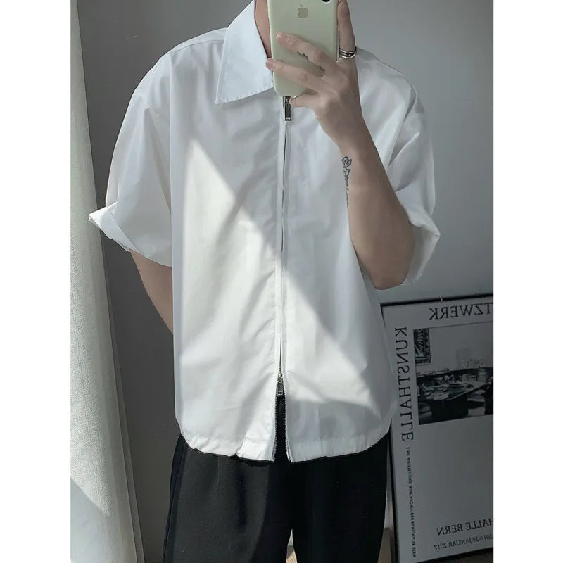 Threebooy Summer Short Sleeved Shirt Men Fashion Oversized Zip Shirt Men Korean Loose Black White Dres Shirts Mens Ice Silk Shirt M-2XL