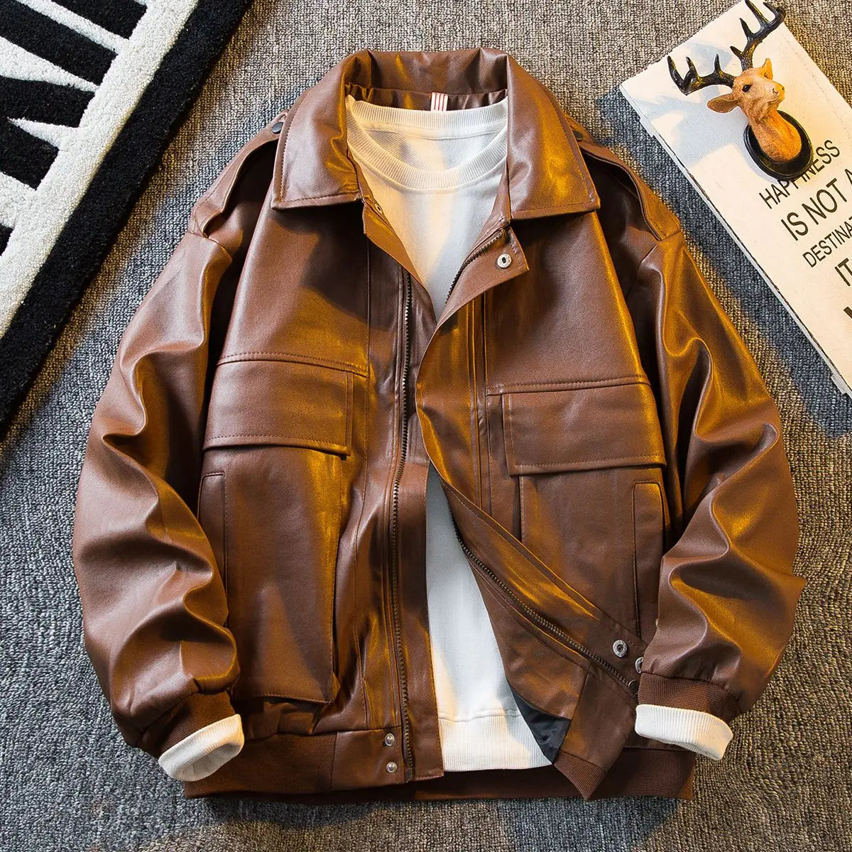 Threebooy Men's American Retro Cleanfit Brown Leather Jacket Men's Korean Style High-end Men's Trendy Pu Leather Jacket Aesthetic Chic