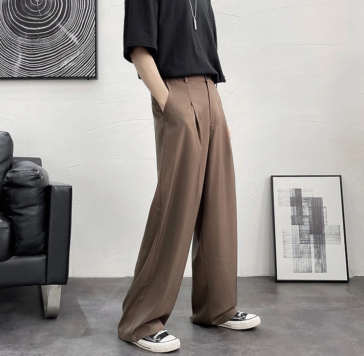 Threebooy Trousers For Men Brown Fluid Draped Baggy Stylish Tailoring Summer 2024 Man Suits Pants Clothing Premium Thin Casual Up