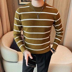 Threebooy Men High Quality Winter Basic Round Neck Sweaters Casual Soft Warm Long Sleeve Sweater Korean Knitted Stripe Pullover 4XL-M