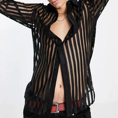 Threebooy Mens See-Through Sexy Shirt Genderless Nightclub Print Loose Casual Striped Mesh Fashion Trendy Long-Sleeved Shirt Unisex