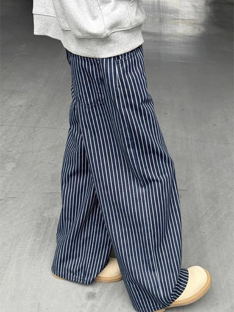 Threebooy  Vintage Blue Striped Jeans Women Y2k Hip Hop Grunge Straight Denim Trousers Punk High Waist Streetwear Wide Leg Jeans