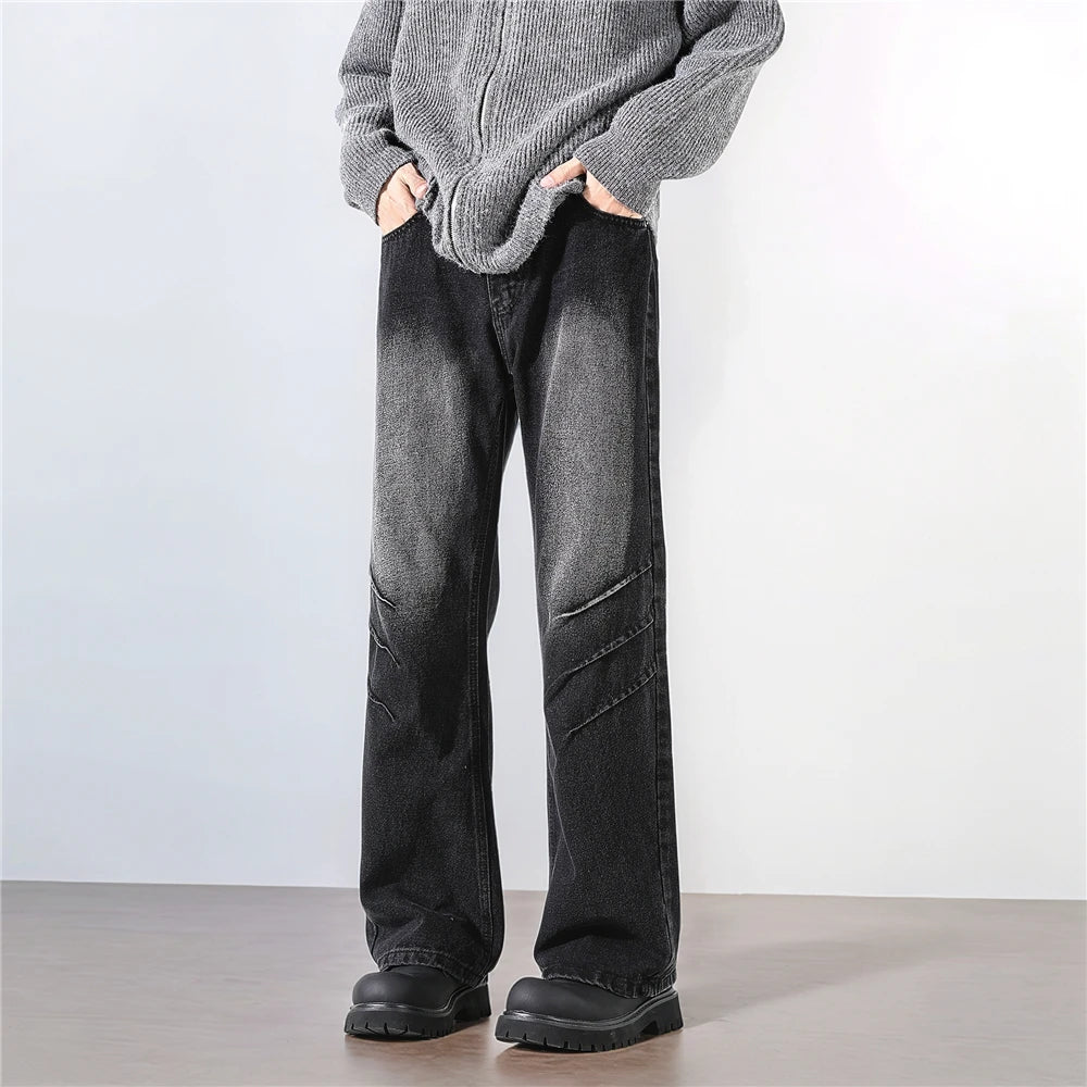 Threebooy  Straight Washed Jeans mens Crinkle Design Denim Pants Wholesale Trendy Fashion Casual Trousers Men Women Streetwear Style