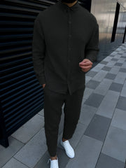 Threebooy  Spring and autumn men's cotton and linen lapel comfortable casual shirt set fashion long sleeve cargo pants solid color two-piec