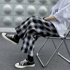 Threebooy Men Plaid Pants Ankle Length Loose Wide Leg Pant All-match Elastic Waist Fashion Casual Trousers Harajuku Korean Streetwear