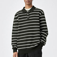 Threebooy  New American Trendy Men Polo Neck Sweaters Light Luxury Striped Knit Long Sleeve Pullover Tops High Quality Loose Knitwear M-3XL