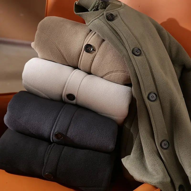 Threebooy Men's Jacket Autumn Winter Polar Fleece Stitching Double Layer Stand Collar Thickened Single-breasted Solid Color Jackets Tops