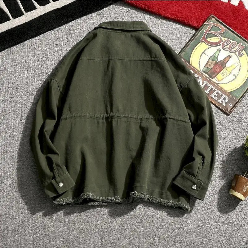 Threebooy Japanese Cargo Retro Jacket Men 2025 Spring Loose Large Size Army Green Denim Jacket Preppy Trendy High-end Simple Jacket Chic