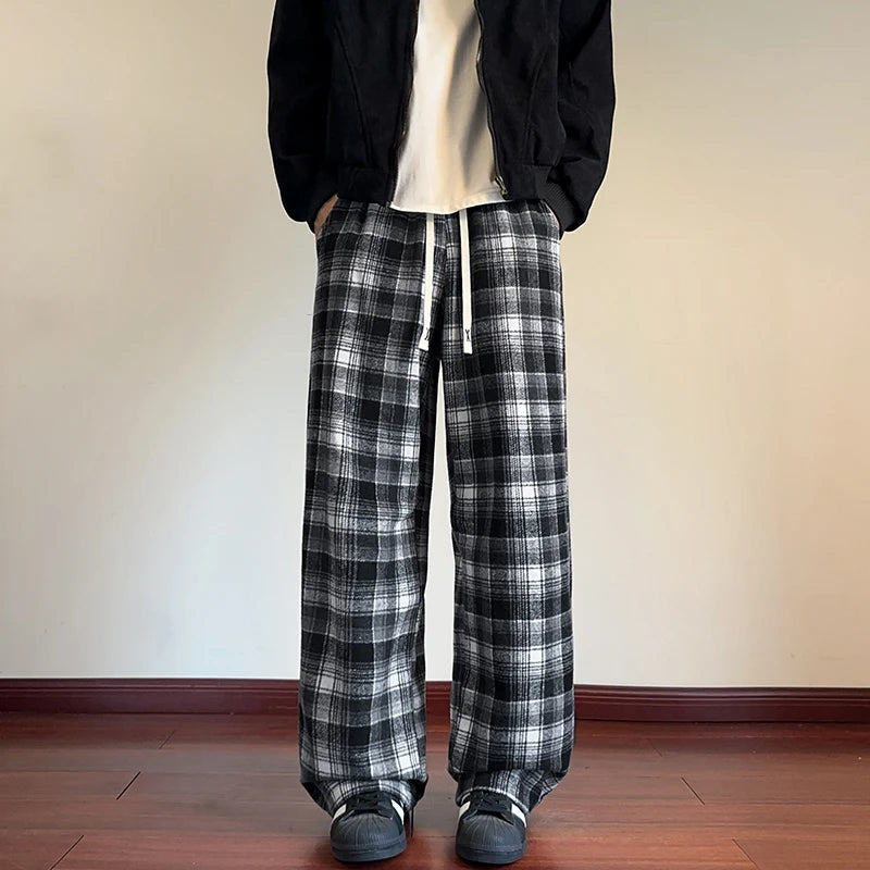 Threebooy Autumn Woolen Pants Men Fashion Retro Plaid Pants Men Streetwear Hip-hop Loose Wide Leg Pants Mens Vintage Trousers Large Size