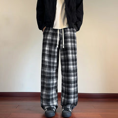 Threebooy Autumn Woolen Pants Men Fashion Retro Plaid Pants Men Streetwear Hip-hop Loose Wide Leg Pants Mens Vintage Trousers Large Size