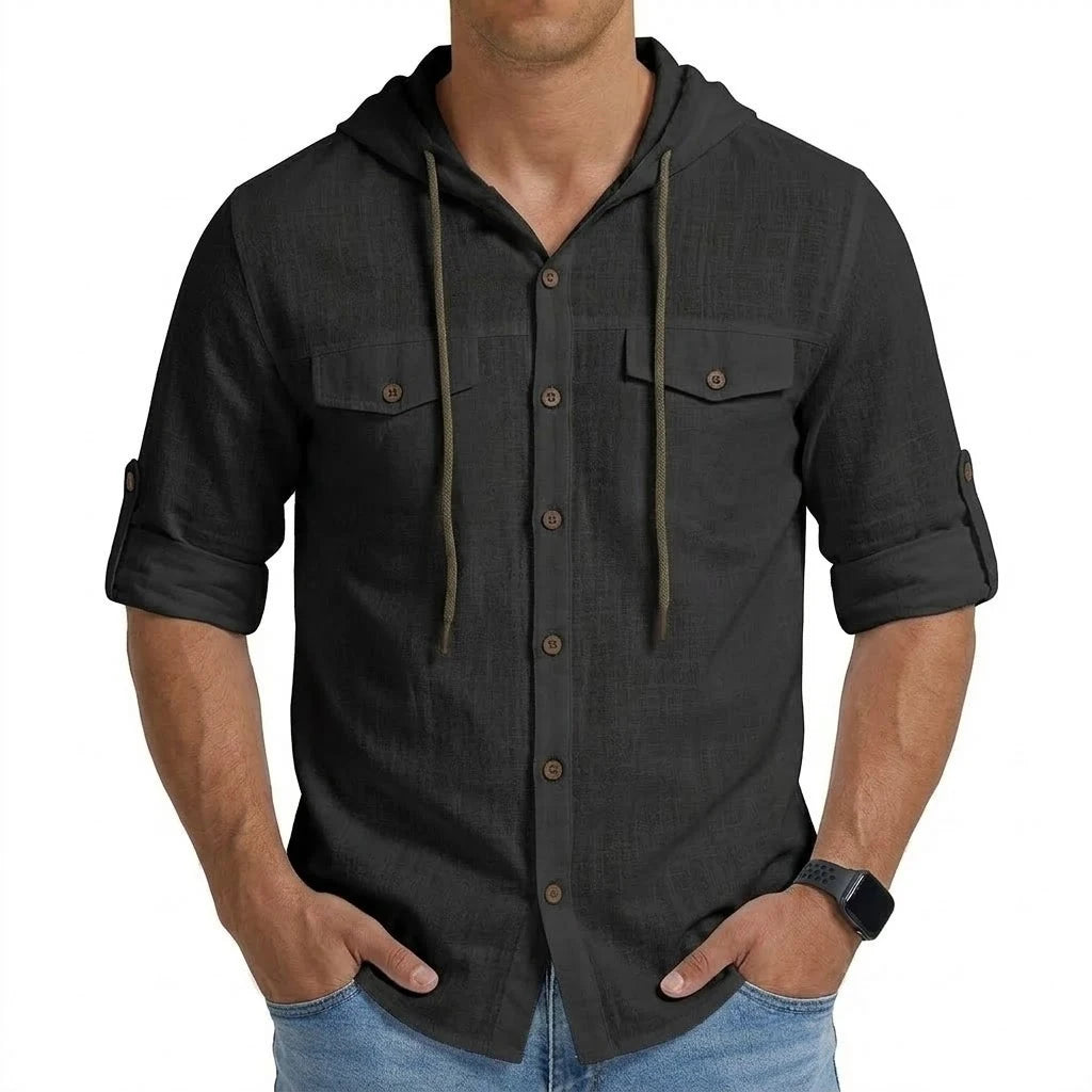 Threebooy  New Mens Casual Linen Shirt Long Sleeve Henley Shirts Summer Beach Hawaiian T Shirts for Men Sport Lightweight Button Hooded Tee