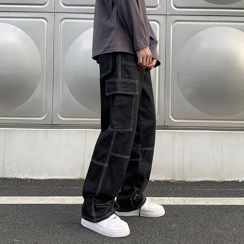 Threebooy Wide Leg Jeans Men loose Hip Hop Casual Men's Straight Baggy Denim Pants Streetwear Skateboard Pant Neutral Trousers Plus Size