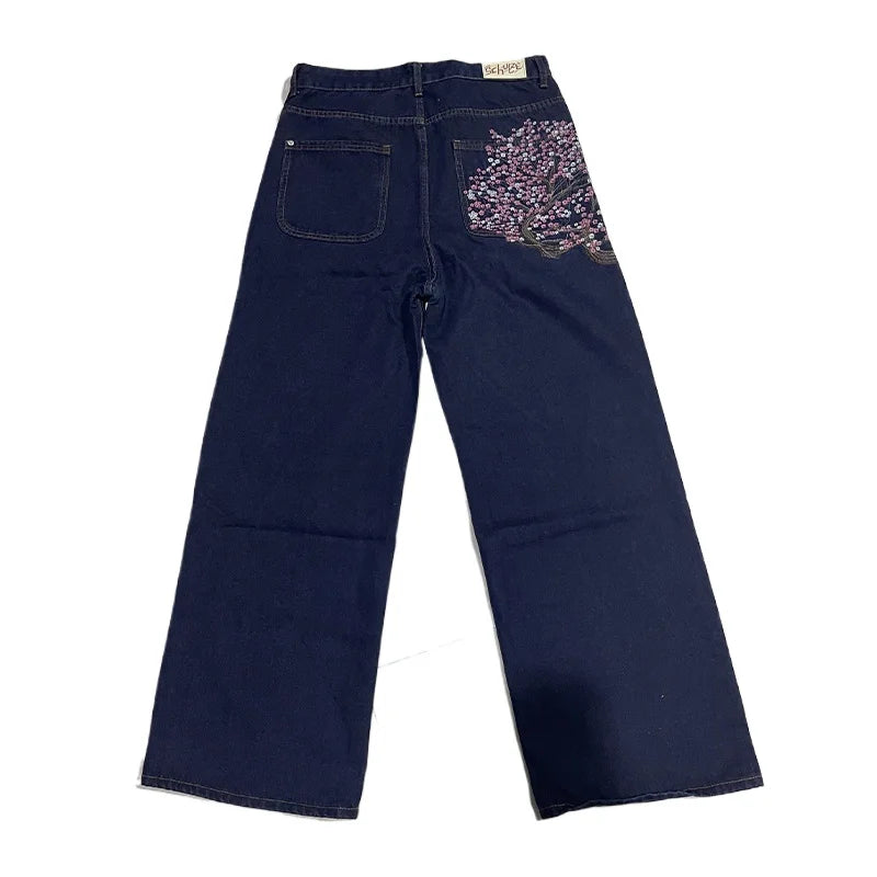 Threebooy Y2K Goth vintage jeans plum blossom embroidery Harajuku pattern denim fabric wide leg pants American style men women street wear