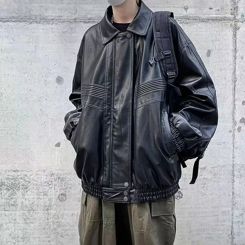 Threebooy Oversized VIntage Men's Leather Jackets PU Biker Coat Autumn Faux Leather Bomber Jacket 90s Big Pockets Windbreaker Overcoat