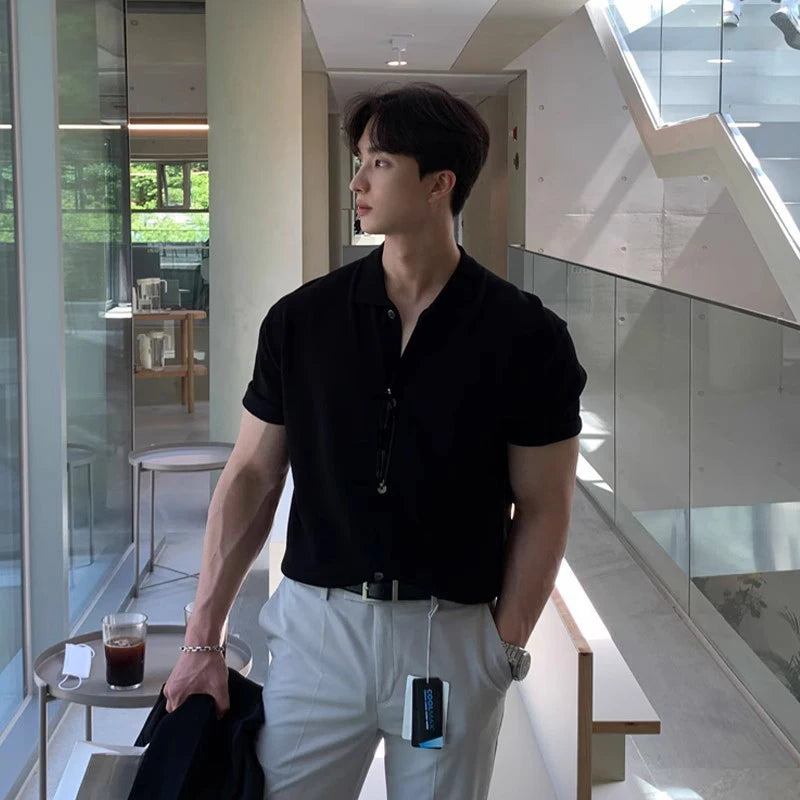 Threebooy New Fashion Men Cardigan Tops Luxury Knitted Half Sleeve Shirts Leisure Button-down Shirts for Men Korean Style Premium Knitwear