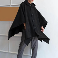 Threebooy Mens Dark Style Mid-Length Casual Hooded Cape Autumn And Winter Genderless Fashion Retro Loose Solid Color Shawl Cape Unisex